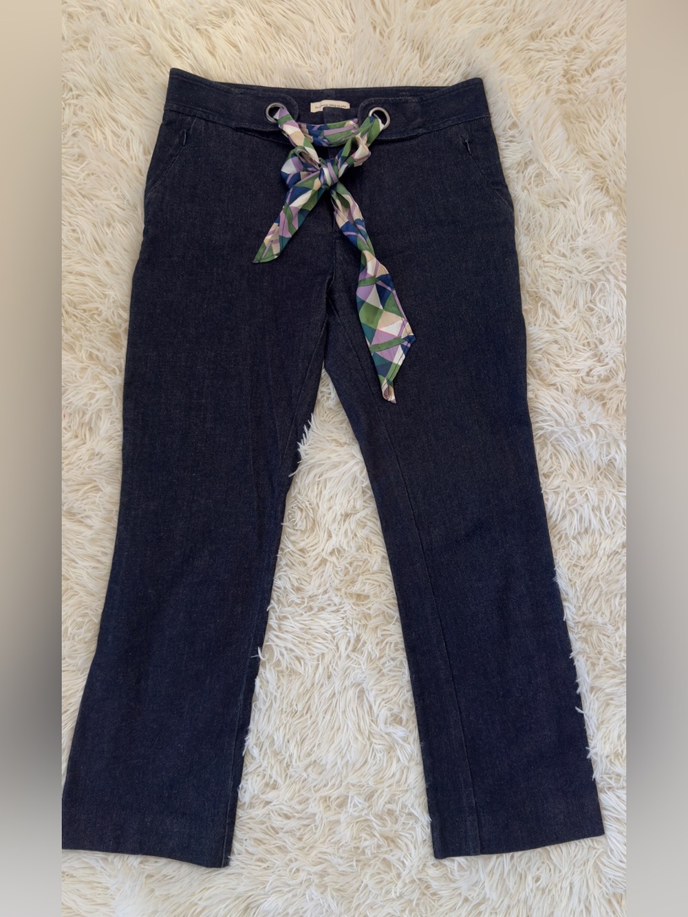 Anthropologie High-Rise Dark Indigo Jeans with Multicolor Geometric Tie